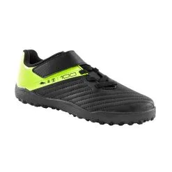 Kipsta BOTAS DE FÚTBOL NIÑO CON TIRA ADHERENTE 100 EASY TURF TF NEGRO Y AMARILLO